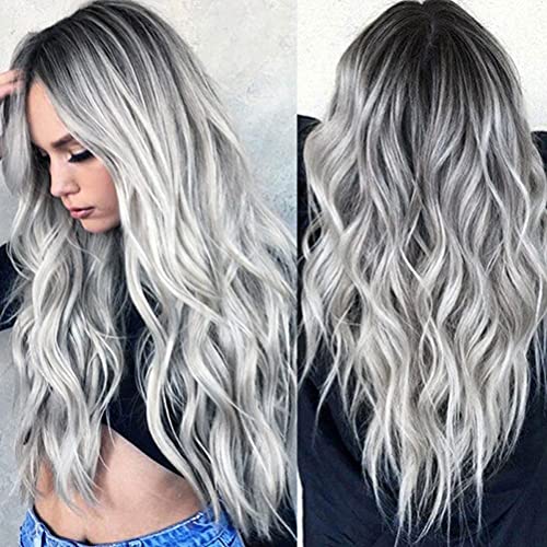 YEESHEDO Damen Perücke Grau Lang Lockige Gewellte Natürliche Brasilianisches Perücken für Frauen Mädchen Mittelteil Mode Super Natürlich Grey Wig 26 Zoll Cover