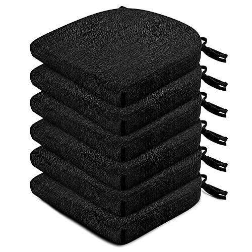 Image of Wellsin Chair Cushions for Dining Chairs 6 Pack - Kitchen Chair Cushions with Ties and Non-Slip Backing - Dining Chair Pads 16 inchX16 inchX2 inch, Black