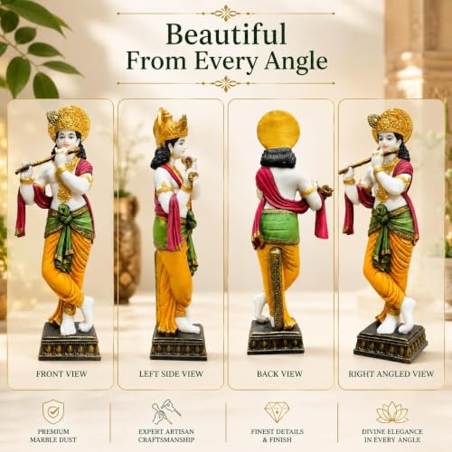 Image of ARMONIA Lord Krishna Idol Marble Dust Statue Murti | Krishana Sculpture for Home Decor, Pooja, Mandir & Gifting Item |Best Gift for Housewarming (25.1 Inches, Multicolor) (Including Microfiber Cloth)
