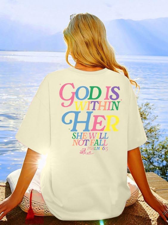 Oversized Christian Shirts for Women God is Within Her T Shirt Jesus Religious Gift Tee Bible Verse Inspirational Tops - Image 3