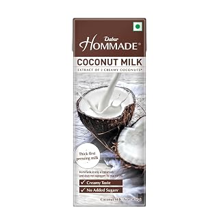 Dabur Hommade Coconut Milk : Made from the Extract of 2 Creamy Coconuts | Thick & Creamy Consistency | No Added Sugar | Thick First Pressing Milk | Hassle-Free, Ready to Use | Ideal for Curries, Desserts & Baking | 200ml single item