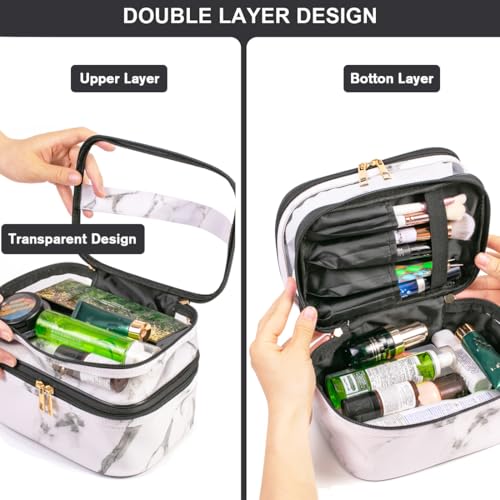 FITINI Makeup Bags Double Layer Travel Storage Cosmetic Cases Make up Organizer Toiletry Bags Water-resistant for Women Makeup Brush Bag,White Marble2