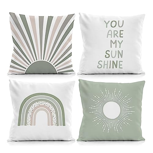 Image of Qvapt Boho Green Sun You are My Sunshine Rainbow Throw Pillow Covers 18x18 Inch Set of 4,Boho Green Sun Positive Decorative Pillowcases,Green Boho Rainbow Sun Decorations Cushion Cases for Sofa Couch