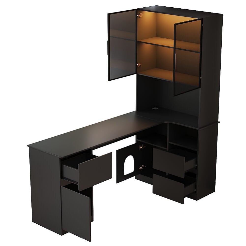 Bureau d'angle 120x80x180cm avec étagères et vitrine LED, Bureau Gaming avec Rangement, Meuble de Bureau pour Chambre et Bureau à Domicile (Noir-Droit)