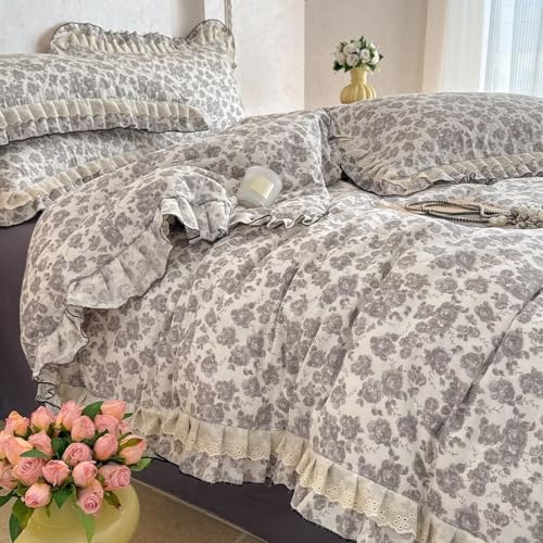 BuLuTu Black White Floral Print Duvet Cover Set Twin Size, Chic Lace Ruffled Farmhouse Quilt Cover with Zipper Ties, 100% Muslin Cotton Comforter Cover with 2 Pillowcases, Soft Gauze Bedding Set