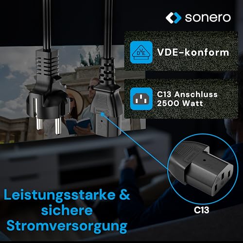 sonero Stromkabel Kaltgerätekabel 3 Polig, 2,0m, Schutzkontakt Stecker Netzstecker auf Kaltgerätekupplung C13 Buchse, Netzkabel Netzteil Strom Kabel für Monitor PC Drucker, Schwarz