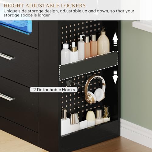 DWVO Vanity Table with RGB Lights, 360° Rotatable LED Drawer Dresser with 6 Drawers, Vanity Desk with Storage Cabinet and Charging Station for Bedroom, Executive Computer Desk for Workspace, Black