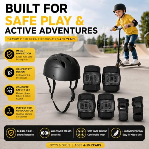 Image of Kids Protective Gear Set for Roller Skating, Skateboarding & Cycling |for Kids 4 to 10 Years (Black) | Knee and Elbow Pads Wrist Guards Set for Skating (Cycle Safety kit)