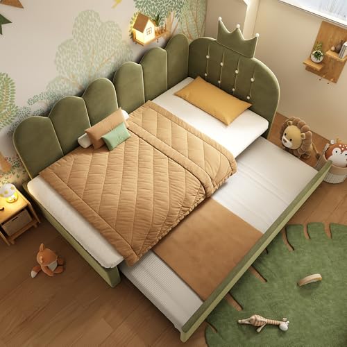 LinoraFurn 90 x 200 cm Sofá cama con cama nido, cama individual de invitados de 90 x 190 cm, forma de L, terciopelo, bonito diseño de corona y rejilla, ahorra espacio para habitaciones infantiles