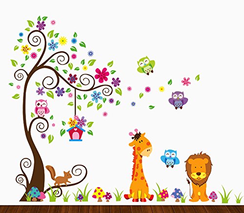 DEKOSH Kids Jungle Theme Peel and Stick Wall Decal, Colorful Owl Giraffe Lion Tree Decorative Unisex Sticker for Children Bedroom, Nursery, Playroom Mural