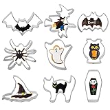 galletas halloween receta 9 patrones: el cortador de galletas de Halloween incluye 9 patrones diferentes, incluyendo murciélagos, brujas, fantasmas, búhos, sombreros de bruja, arañas, gatos ansiosos, etc. La altura de cada molde es de aprox. 2 cm.