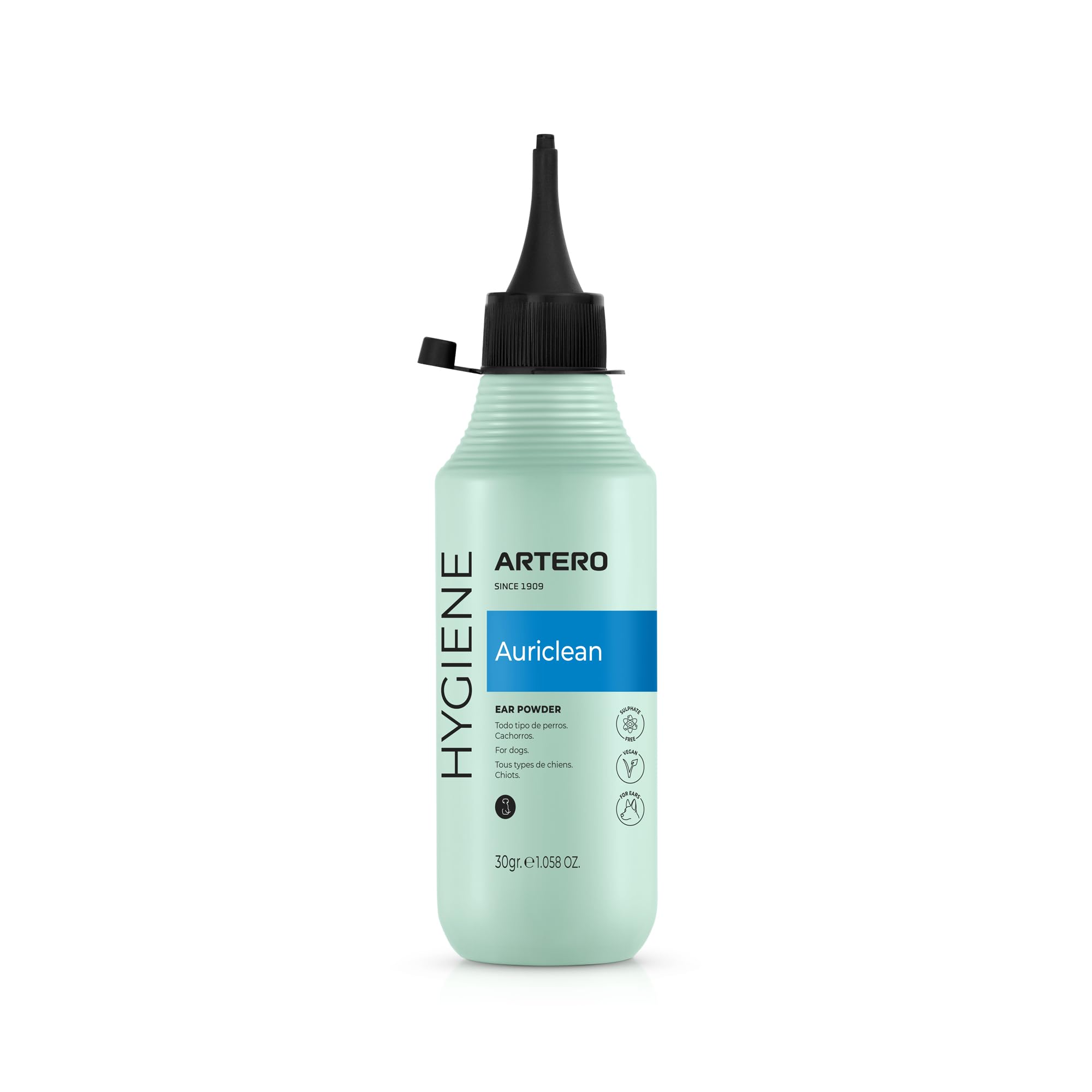 Artero Auriclean. Polvos Antisépticos Para Depilar los Oídos de perros. Seca los pelitos del conducto auditivo en perros para poder depilarlos sin dolor y eliminar el mal olor.