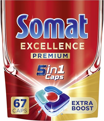 Somat Excellence Premium 5 en 1 Caps (67 Caps), pastillas para lavavajillas de liberación rápida con Extra Boost, Somat Caps eliminan incluso 72 h de restos de comida secos y persistentes