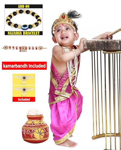 Image of Krishna Dress for Kids, Baby Krishna Dress for Janmashtami with Krishna Mukut, Peacock Feather & Flute Embroidered Krishna Costume for Girl & Boy, 3 Months-8 Years