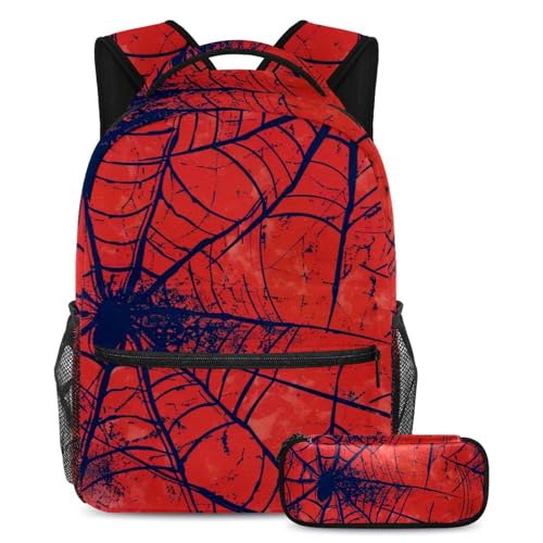 Cartable toile d'araignée bleue fond rouge avec trousse assortie pour élève - Taille Large