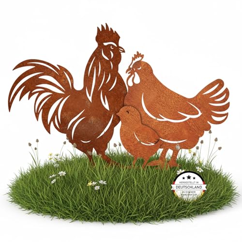 EXTRAVAGANT® Gartenstecker Huhn Hahn Küken 3er Set Edelrost...