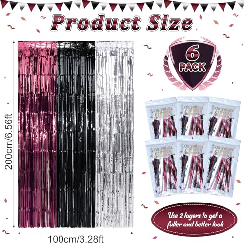 6 Pack 3.3Ft x 6.6Ft Graduation Foil Fringe Curtain Backdrop Decorations, Maroon Black Silver Metallic Tinsel Foil Streamers Curtain Photo Booth Background for Graduation Prom Wedding Birthday Party by Zachely - Used condition - Image 3