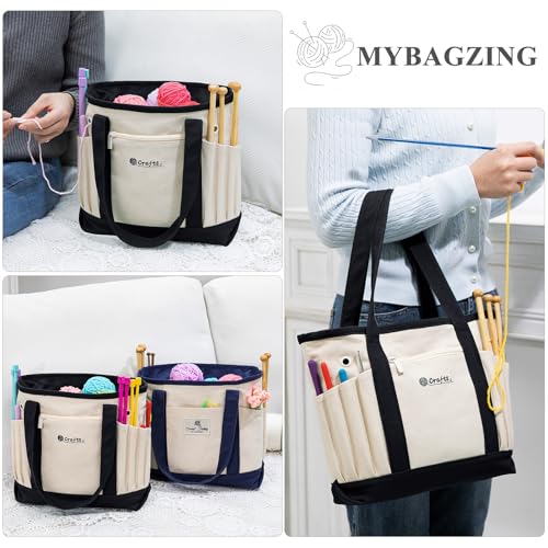 Image of MYBAGZING Canvas Yarn Storage Organizer Bag Washable Crochet Bag with Pockets for Yarn, Hooks, Needles - Travel Knitting Tote for Crafters - Gift for Crocheters & Knitters (Medium /Large)