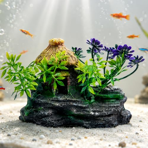 Image of Foodie Puppies Aquarium Plastic Plant with Resin Base Decor - (Small Hut Plant, 11 x 5 x 9 cm) for Fish Tank Ornament Accessories, Freshwater & Saltwater Natural Looking Artificial Plant