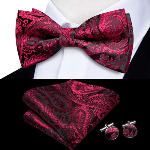 Image of Hi-Tie Bow Tie Men Pre Tied Bowtie Pocket Square Cufflinks Lapel Pin Formal Wedding Bow Ties for Men Party Tuxedo Bowtie Set,Black Red Paisley Floral
