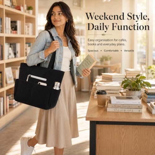 Image of Kawn Korean Tote Bag Aesthetic Corduroy Canvas Handbag for Women Zipper Casual Large Capacity Shoulder Bag with Pockets Versatile Everyday use for College Work Travel & Shopping