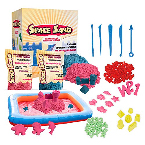 Leo & Emma Space Sand 2kg de Sable Cinétique 50 Pièces et Accessoires à Modeler moules bac à Sable Gonflable