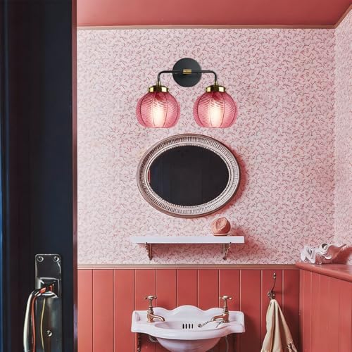 Image of Bathroom Lighting fixtures Modern Vanity Lights Red Ribbed Glass Shade 2-Lights Over Mirror Wall Sconce Vintage Gold Bathroom Light fixtures Black Wall Mount Light Farmhouse Sconces