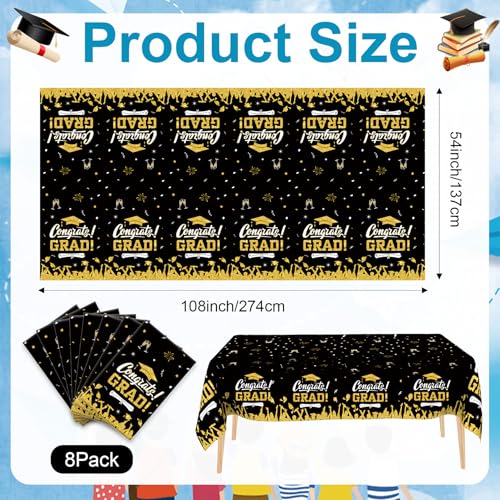 Image of 8 PCS Graduation Tablecloth, Graduation Decorations 2026, Black Gold Graduation Tablecloth Disposable, Plastic Congrats Grad Table Decoration for Class of 2026 Graduation Party Decorations, 108 inch X 54 inch