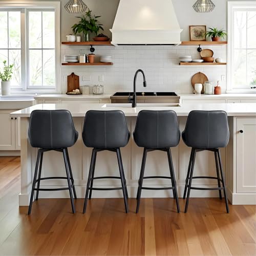 Image of Zesthouse Swivel Bar Stools Set of 4, 26 inch Modern Counter Height Bar Stools with Low Backs, Upholstered Faux Leather Bar Chairs for Kitchen Counter, Dark Grey Island Chairs with Metal Legs