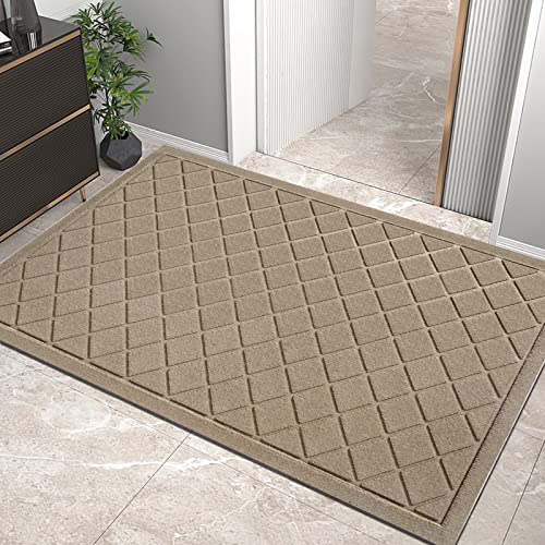 Hiyard Durable Front Door Mat, Absorbent Muddy Dirt Resist Welcome Door Mats Outdoor Indoor, Heavy Duty Easy Clean, Non-Slip Rubber Backing Low Profile Doormat For Entryway, 36×24, Beige #TOP8