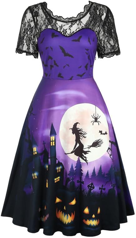 Halloween Women's Lace Sleeve Pumpkin Swing Dress with Side Zipper