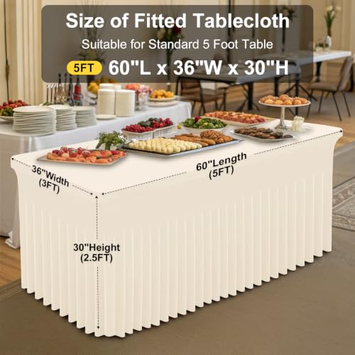 Image of Smiry 2 Pack Spandex Elastic Fitted Table Cloth Skirt for 5FT Table | Stretch Washable Table Cloth, Banquet Table Cover for Wedding, Party, Indoor & Trade Shows, (Beige, 60Lx36Wx30H)