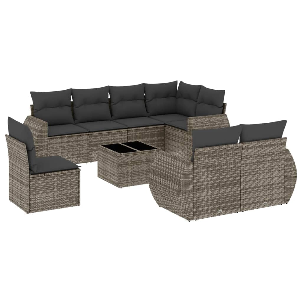 Set Divano da Giardino 9 Pezzi in Polyrattan con Tavolo Grigio | Salotto modulare da esterno per terrazzo e patio con cuscini imbottiti sfoderabili e piano in vetro temperato.