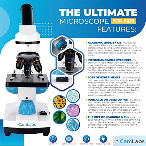 Camlabs Microscope For Kids - 3 Magnification Levels - 40X, 100X, 400X - Includes 25 Specimen Slides, Science Experiments & Accessories - Portable Student Microscope #TOP3