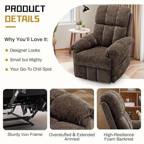 Image of Korser Recliner Chair, Living Room Recliner Chairs for Adults, Small Recliners for Small Spaces, Upholstered Manual Recliner with Side Pockets, Comfy Nursery Chair for Living Room, Chenille, Brown