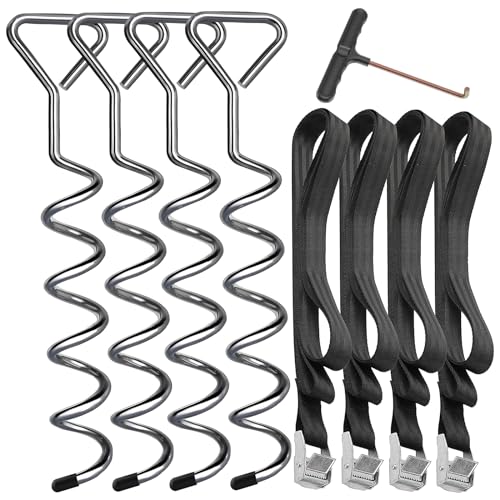 Hodzeed 4 Sets De Piquets d'ancrage Robustes pour Trampoline Kit d'ancrage Au Sol- Piquets en Acier Galvanisé Inoxydables pour Trampoline Jardin avec 4 Sangles Solides...