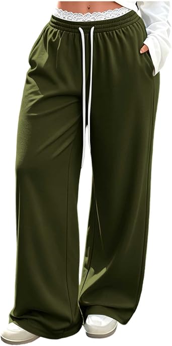 Baggy Sweatpants for Women High Waisted Wide Leg Sweatpant with Lace Trim Drawstring Waist Loose Casual Wear