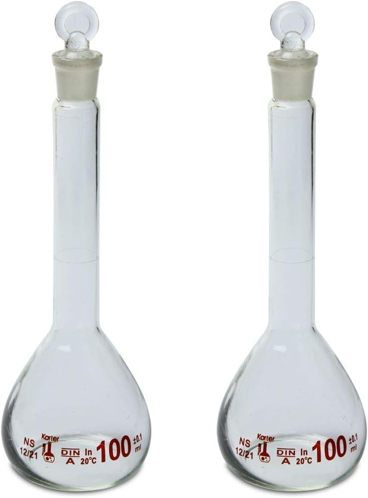 100ml Volumetric Flask, 3.3 Boro Glass, Class A, Ground Stopper, Karter Scientific 213W5 (Pack of 2)