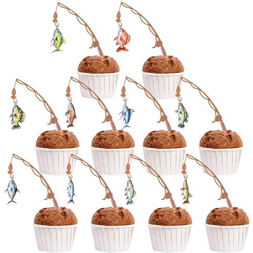 Notbadsys Fishing Theme Cupcake Toppers 20 Mini Fishing Rod Decorations with Colorful Fish