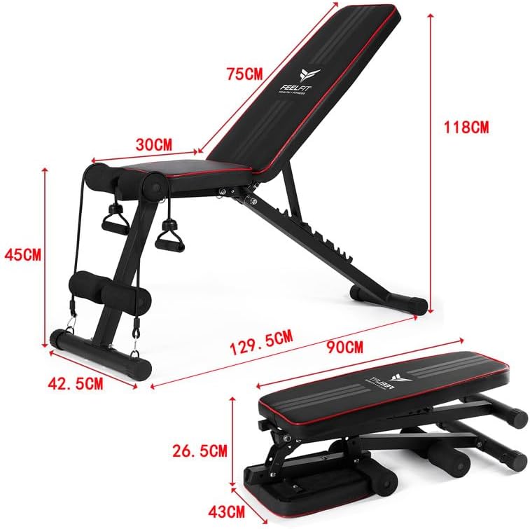 Adjustable Weight Bench with Resistance Band Foldable Sit Up Strength Training Utility Benches Workout Bench Flat Incline Decline Bench Press for Home Gym Dumbbell Exercise