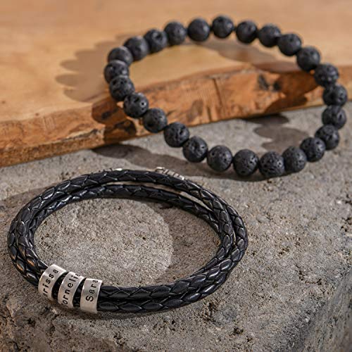 Myka - Personalized Sterling Silver Men Braid Black Bracelet With Small Custom Beads Wax Or Leather- Father's Day Men Gift (Customize Your Own - Sterling Silver - Leather) #TOP2