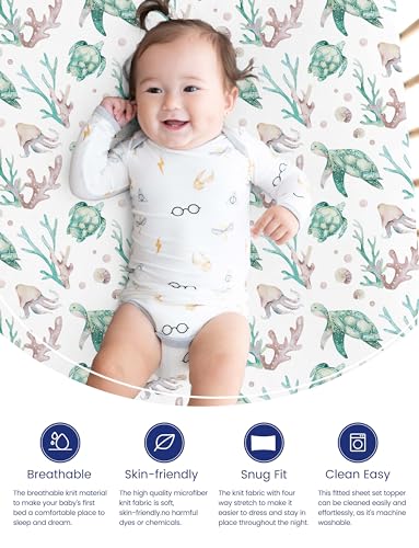 Image of TotAha Crib Sheets for Boys Girls, Premium Soft Crib Mattress Fitted Sheet, Super Stretchy Jersey Knit Baby Sheets, Silky Comfort Baby Bed Sheets 28x52x9 Extra Deep Pocket, 2 Pack (Sea Animal)