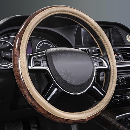 CAR PASS Wood Grain Microfiber Leather Steering Wheel Cover, Universal Fit for 14 1/2-15 inch Beige Steering Wheel, Anti-Skip Veins Design,Trucks, Suvs,Vans, Sedans (Beige)