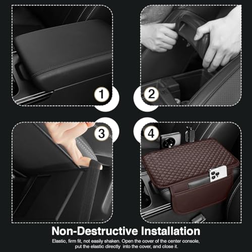 Image of Lyrovo PU Leather Car Armrest Cushion Pad With Side Pockets, Universal Fit for All Car (Mocha)