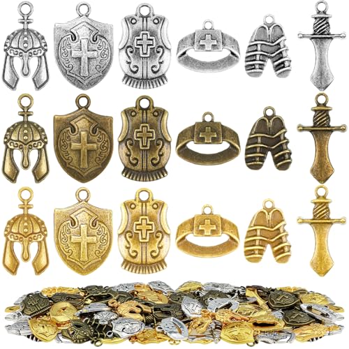Ecation 90 Pcs Bible Theme Charms Pendants Put on the Full Armor Alloy Pendant Sunday Craft Belt Helmet Armor Charms Bulk for DIY Bracelet Necklace Jewelry Making(Silver, Gold, Bronze)