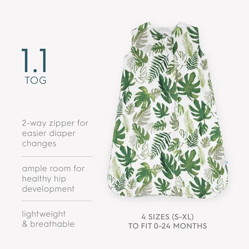 Image of Little Unicorn 0-6 Month Premium Muslin Sleep Sack 1.1 TOG | Soft & Breathable Muslin Cotton for safer sleep | 2 way zipper (Tropical Leaf)