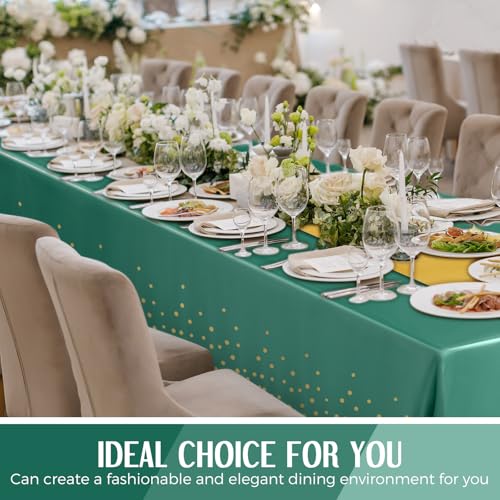 Image of Breling 24 Pack Green and Gold Disposable Plastic Tablecloths and Satin Table Runner Set, 54 x 108 Inch Tablecloth, 12 x 108 Inch Table Runners for Wedding Graduation Birthday Baby Shower New Year
