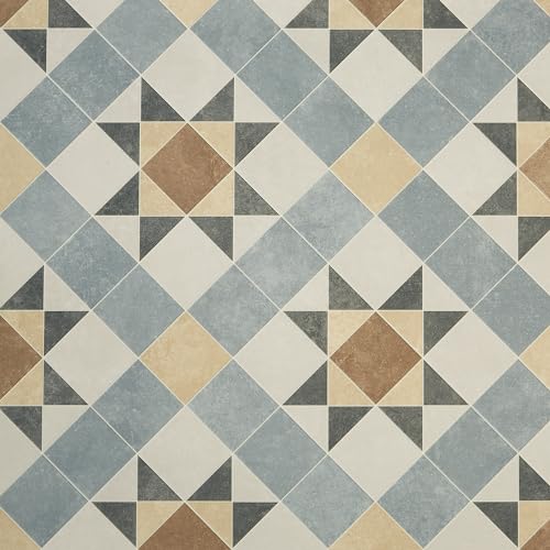 Tile Effect Vinyl Flooring Roll Beige & Grey Victorian Felt Back Lino Flooring for Kitchens, Bathrooms and Hallways 2m 3m Width 2m To 7m Length (Barlow, Sample)