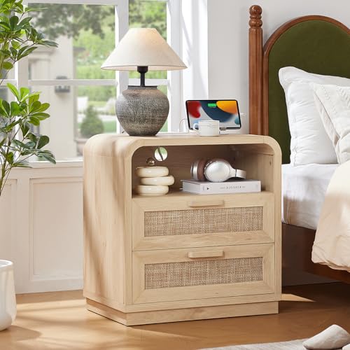 Image of LEYAOYAO Rattan Nightstands Set of 2 with Charging Station, Natural | 23.6 inch Curved 2 Drawers Nightstand with Storage Shelf & Solid Handle, Boho Bedside Tables for Bedroom, Living Room