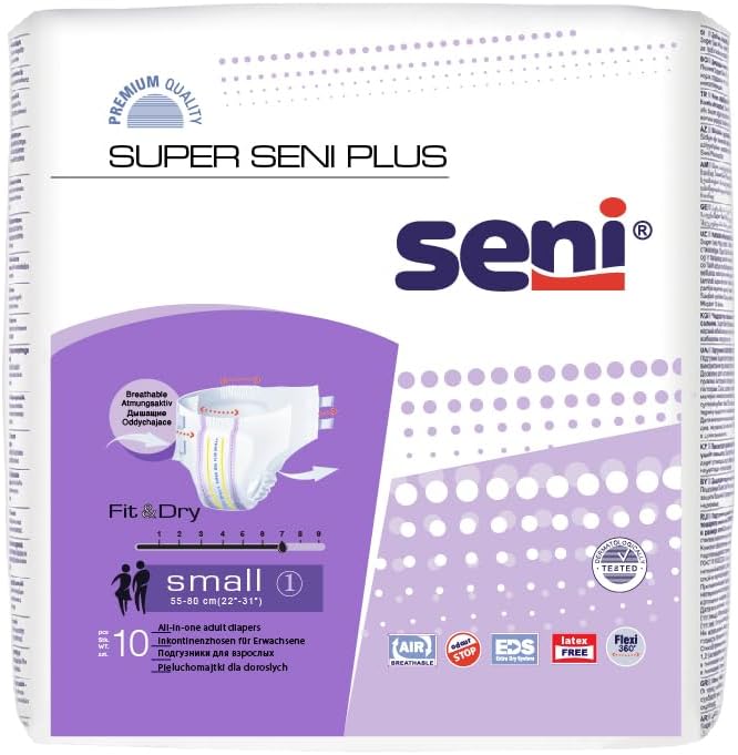 Super Seni Plus Breathable tape style Adult Diapers | Double wetness indicator | Side leakage protection | size small | Waist size 22" - 31" (55 cm - 80 cm)
